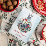 Kerstbessen & Bullfinch Ornament Kaart<br><div class="desc">Kerst ornament basis van vakantie bessen,  pinecones,  en een Bulfinch op een besneeuwde achtergrond met een rode Merry Christmas typografie. Het kaartontwerp heeft vrolijke winterkleuren om u in de vakantiestemming te krijgen.  tekstbericht.</div>