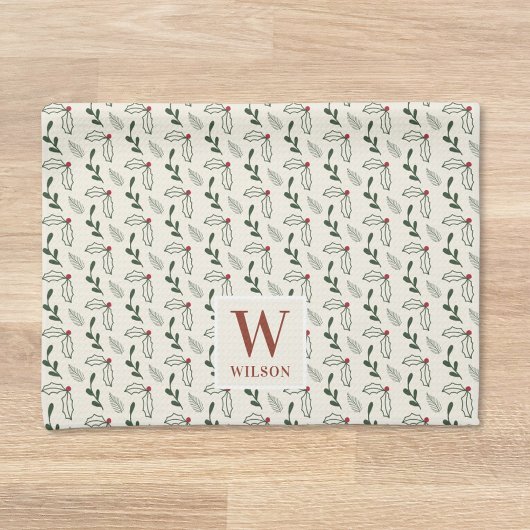 Kerstbessen en blad familienaam theedoek