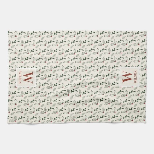 Kerstbessen en bladeren familienaam theedoek (Horizontaal)