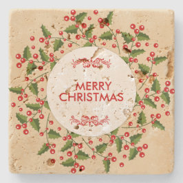 Kerstbessen en groenblijvende krans stenen onderzetter