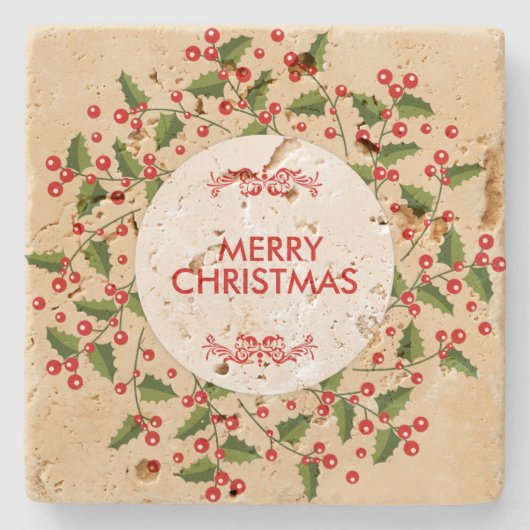 Kerstbessen en groenblijvende krans stenen onderzetter (Voorkant)