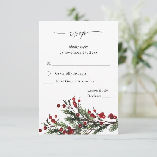 kerstbessen en pine op maaltijd RSVP VER Kaartje (Staand voorkant)