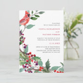 Kerstbessen en rode vogel | Vakantie bruiloft Kaart (Staand voorkant)