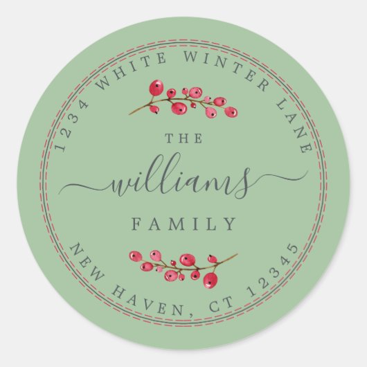 Kerstbessen Groene Familie Retouradres Ronde Sticker (Voorkant)