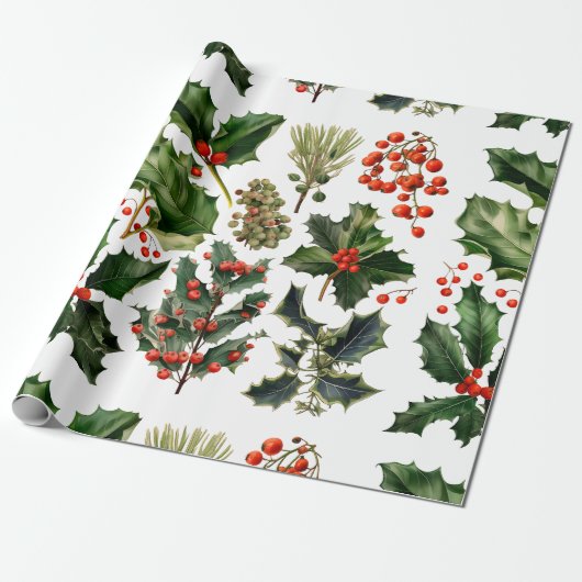 Kerstbessen Holly bladeren. Kerstbessen Cadeaupapier (Uitgerold)