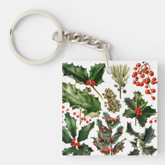 Kerstbessen Holly bladeren. Kerstbessen Sleutelhanger (voorkant)