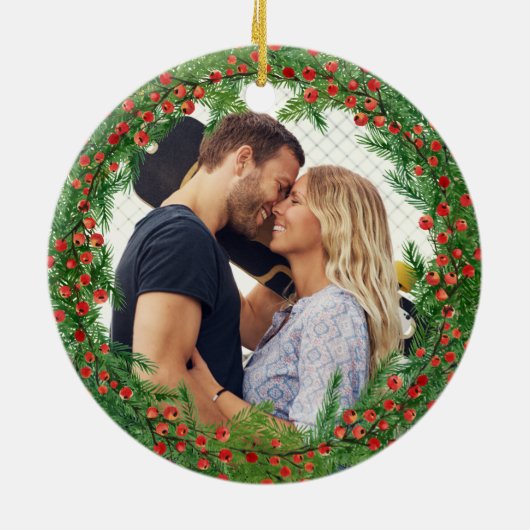 Kerstbessen krans aangepaste foto keramisch ornament (Achterkant)