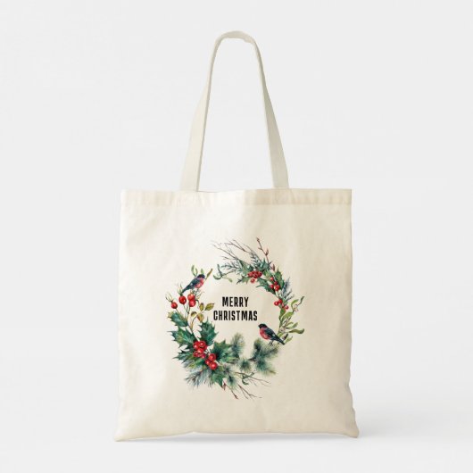 Kerstbessen krans Vrolijke Kerstmis Typograaf Tote Bag (Achterkant)