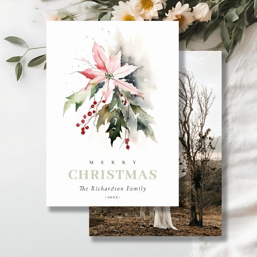 Kerstbessen Poinsettia Fauna Waterverf Foto Feestdagenkaart