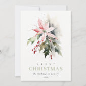 Kerstbessen Poinsettia Fauna Waterverf Foto Feestdagenkaart (Voorkant)