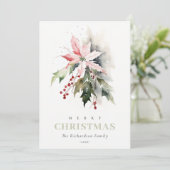 Kerstbessen Poinsettia Fauna Waterverf Foto Feestdagenkaart (Staand voorkant)