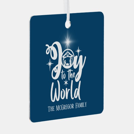 kerstbevallen zich van de wereld blauw en wit metalen ornament (Voorkant Rechts)