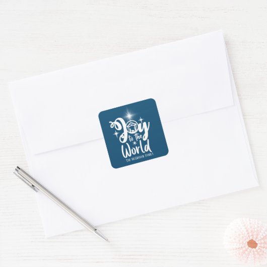 kerstbevallen zich van de wereld blauw en wit vierkante sticker (Envelop)