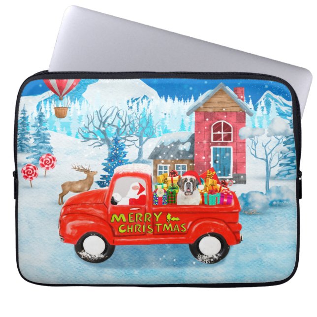 Kerstbezorgwagen met Sint-bernardshond in de sneeu Laptop Sleeve (Voorkant)