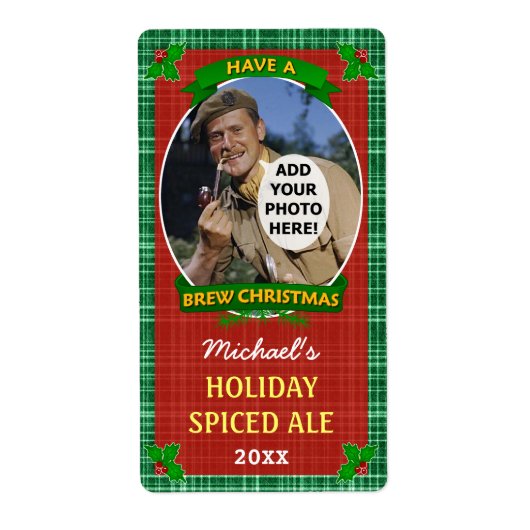 Kerstbier Gepersonaliseerd Foto Groen Plaid Etiket (Voorkant)