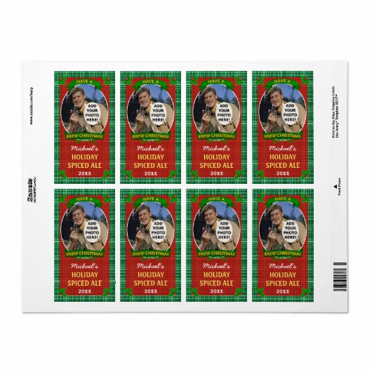 Kerstbier Gepersonaliseerd Foto Groen Plaid Etiket (Full Sheet)