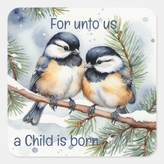 Kerstbijbelcitaat Schattigee Chickadee-vogels Vierkante Sticker (Voorkant)