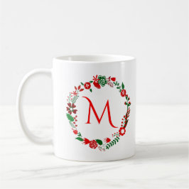 Kerstblad & Bloemen krans met monogram Koffiemok