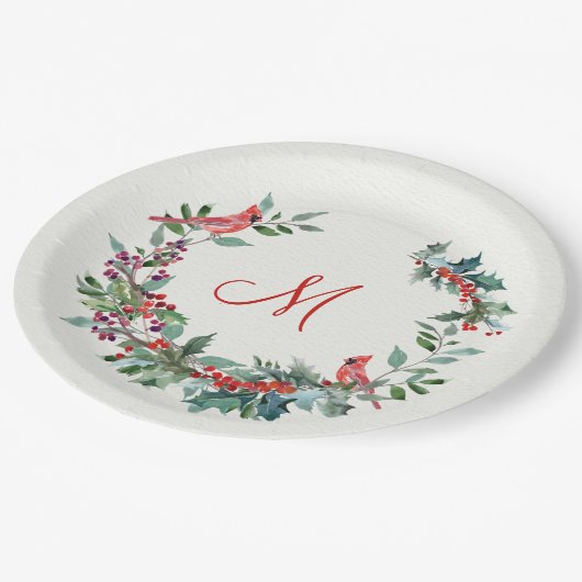 kerstblad, heilig, kardinaal vogelmonogram papieren bordje (Gekanteld)