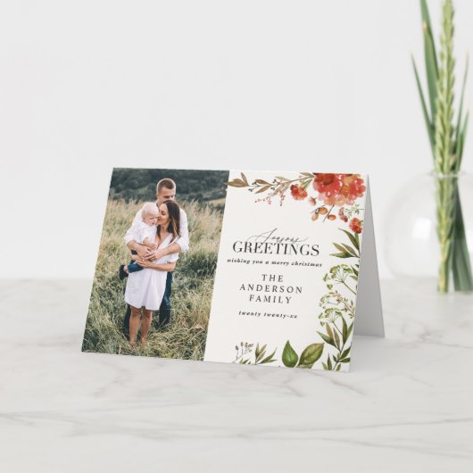 kerstblad met rode en groene foto feestdagen kaart (Voorkant)