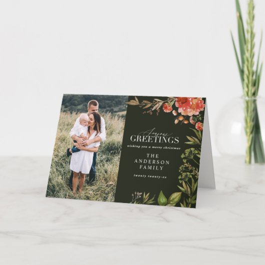kerstblad met rode en groene foto feestdagen kaart (Voorkant)