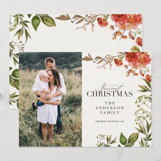 kerstblad met rode en groene foto feestdagenkaart (Voorkant / Achterkant)