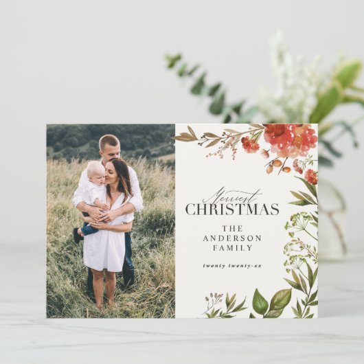 kerstblad met rode en groene foto feestdagenkaart (Staand voorkant)