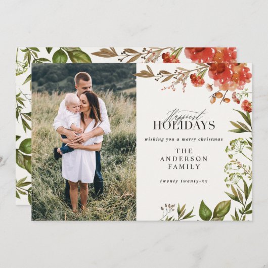 kerstblad met rode en groene foto feestdagenkaart (Voorkant / Achterkant)