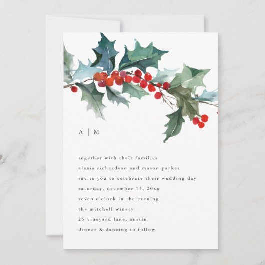 Kerstbladeren en bessen | Vakantie bruiloft Kaart (Voorkant)