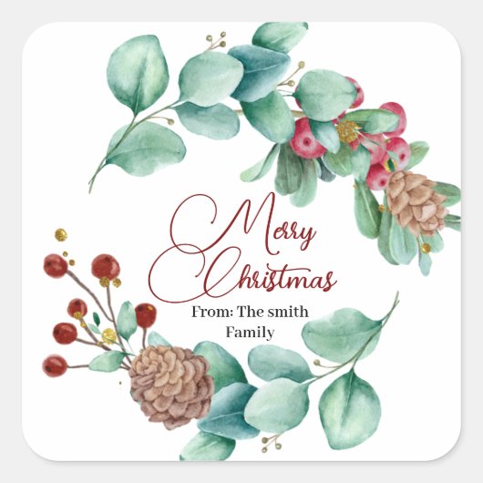 Kerstbladeren en Holi krans met pinecone Vierkante Sticker (Voorkant)