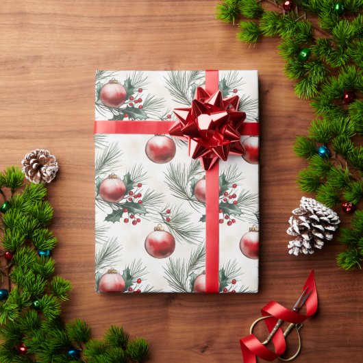 Kerstbladeren en rode ballen cadeaupapier (Feestdagen Geschenken)