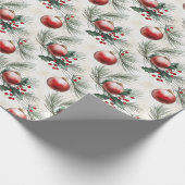 Kerstbladeren en rode ballen cadeaupapier (Hoek)