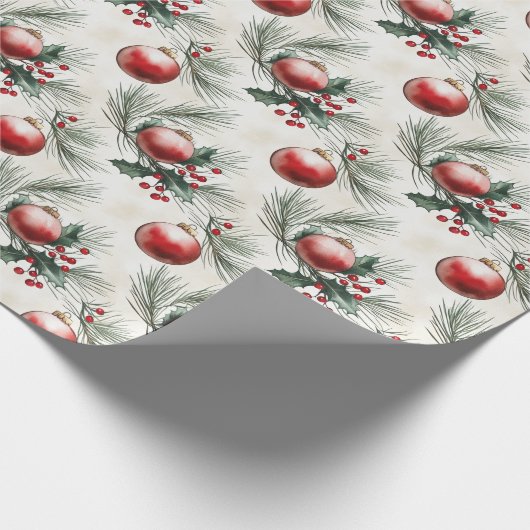 Kerstbladeren en rode ballen cadeaupapier (Hoek)