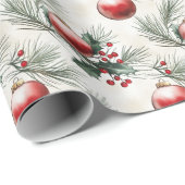 Kerstbladeren en rode ballen cadeaupapier (Rol Hoek)