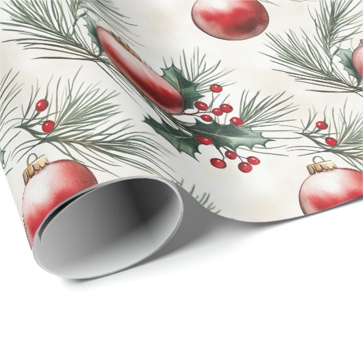 Kerstbladeren en rode ballen cadeaupapier (Rol Hoek)