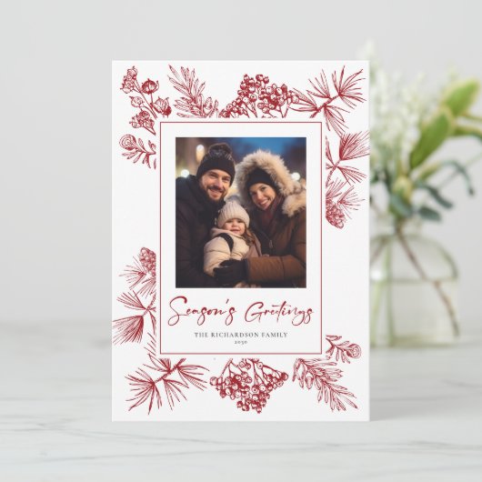 Kerstbladeren rode foto feestdagenkaart (Staand voorkant)