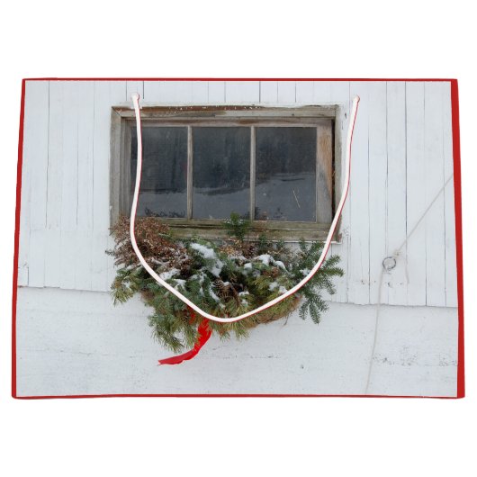Kerstbladerraam met bogen en ringbomen groot cadeauzakje (Voorkant)