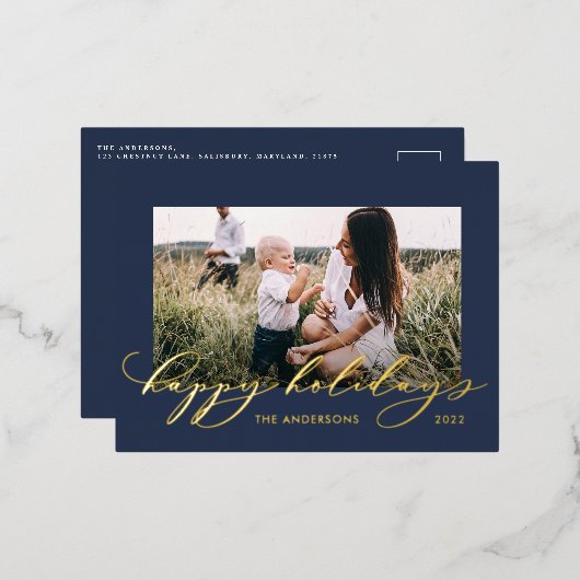 Kerstblauw 1 foto botanisch script folie feestdagen briefkaart (Voorkant / Achterkant)