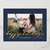 Kerstblauw 1 foto botanisch script folie feestdagen briefkaart (Voorkant)