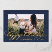 Kerstblauw 1 foto botanisch script folie feestdagenkaart (Voorkant)