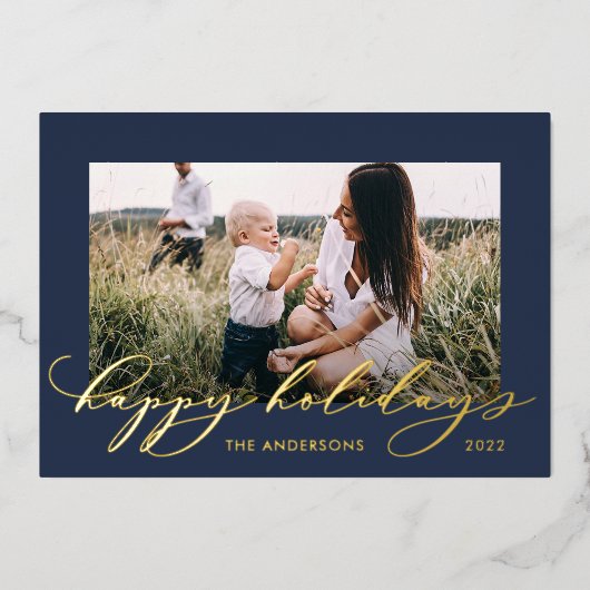 Kerstblauw 1 foto botanisch script folie feestdagenkaart (Voorkant)