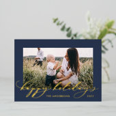 Kerstblauw 1 foto botanisch script folie feestdagenkaart (Staand Voorkant)