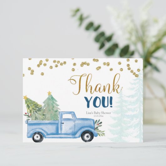 Kerstblauw Baby shower Vrachtwagen Hartelijk dank Bedankkaart (Staand voorkant)