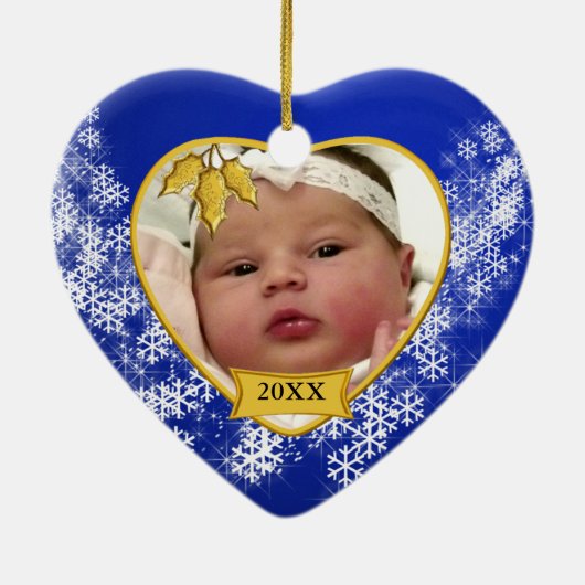 Kerstblauw baby's Fotohart Keramisch Ornament (Achterkant)