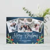 Kerstblauw blauw hout 3 FHOTO Greeting Holida Feestdagenkaart (Staand voorkant)