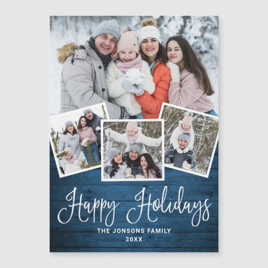 Kerstblauw blauw hout 4-fotografische kaart (Voorkant)