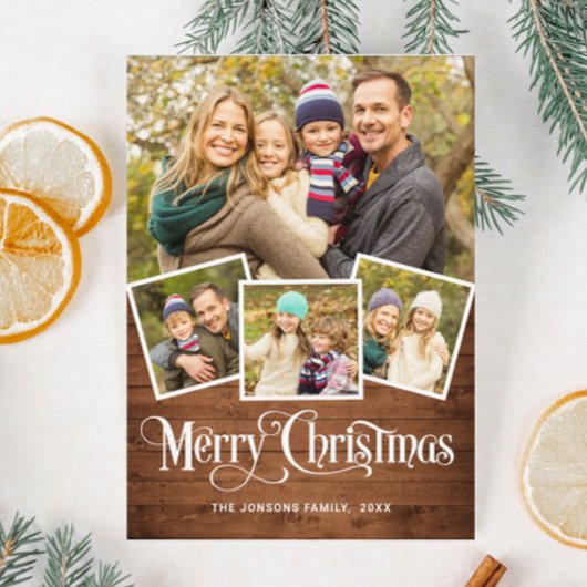 Kerstblauw blauw hout 4-fotografische kaart