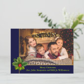 Kerstblauw en goudblauw Lijst met Holly-foto Feestdagenkaart (Staand voorkant)
