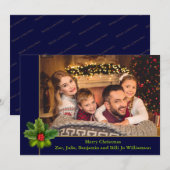 Kerstblauw en goudblauw Lijst met Holly-foto Feestdagenkaart (Voorkant / Achterkant)