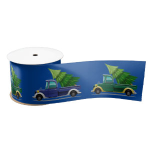 Kerstblauw en groene vrachtwagen met boom satijnen lint